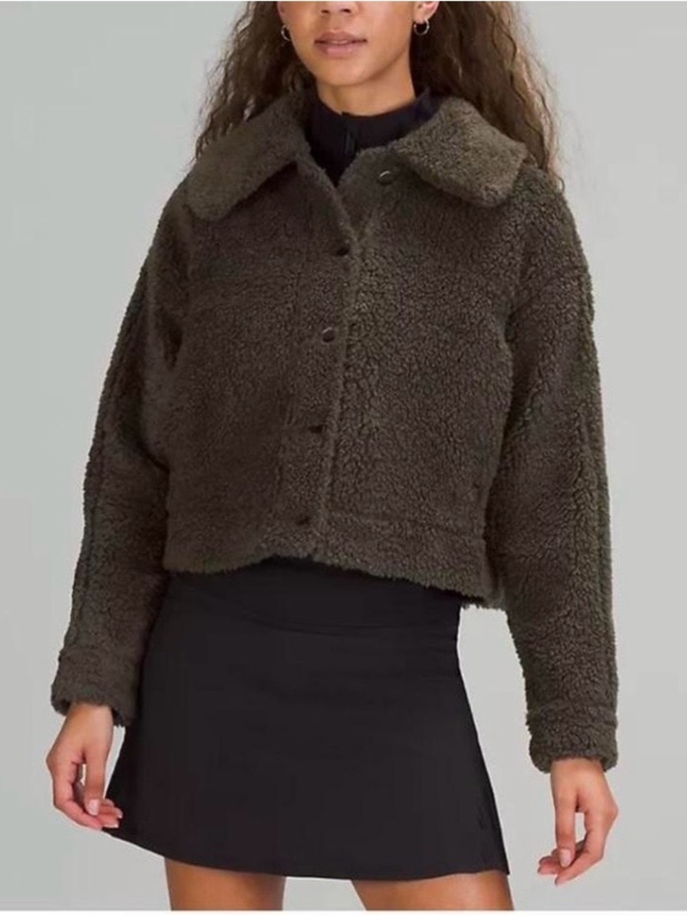 Lululemon Textured Fleece Button Jacket Dark Olive Size 12 Sherpa Cozy